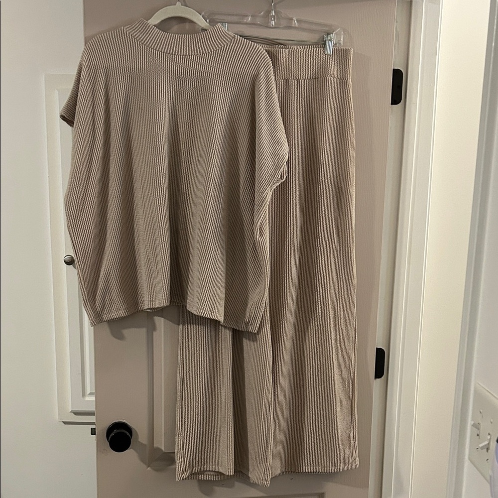 Beige Ribbed Knit Top and pants Set